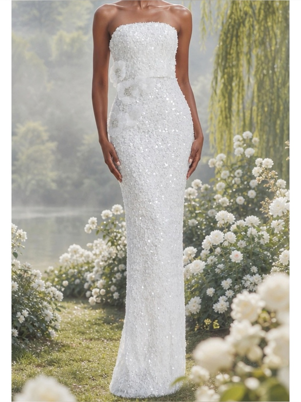 DRESS THE POPULATION Izza 3D Floral Sequined Gown, White, XXS